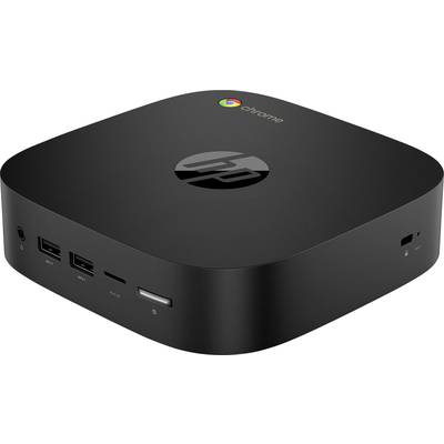 Un mini-ordinateur noir avec le logo HP et le logo Google Chrome, montrant des ports sur le côté.