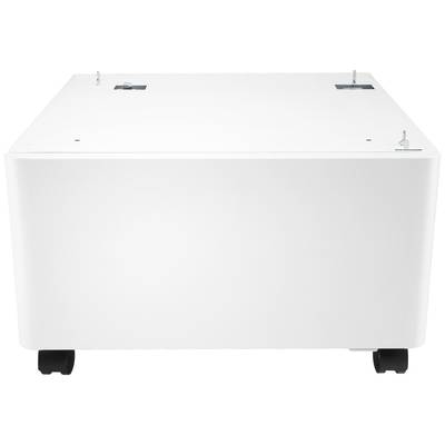 Objet blanc rectangulaire avec des roulettes sous la base. Deux vis sont visibles en haut. Probablement un meuble ou un appareil.