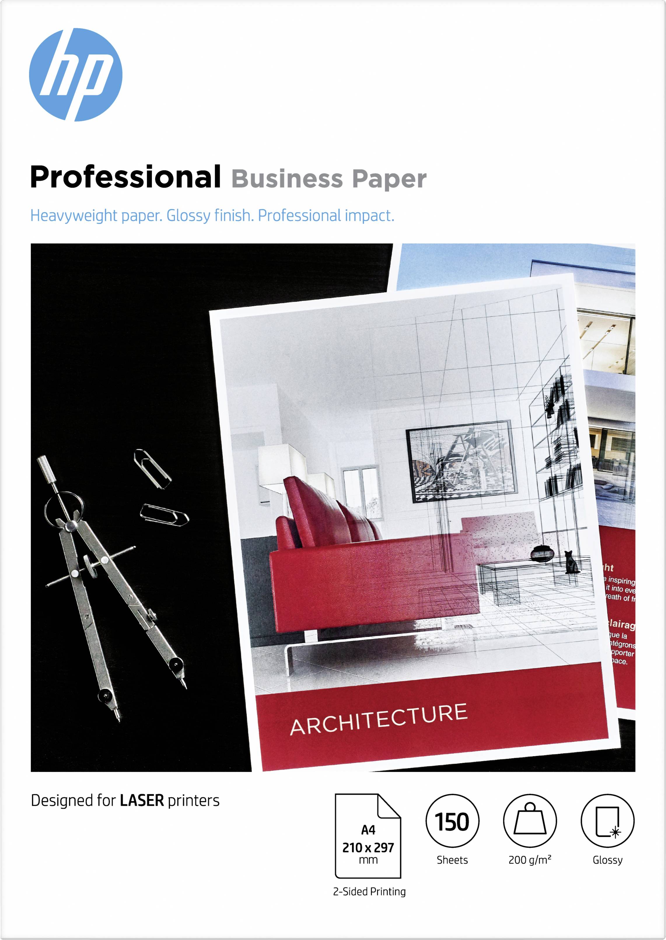 Emballage de 'Papier Professionnel HP pour Entreprise' avec une image d'une pièce au design moderne et le texte 'ARCHITECTURE'. Conçu pour imprimantes laser.