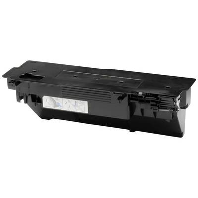 Un conteneur de toner noir pour une imprimante laser sur un fond blanc avec deux images d'instructions sur le côté.