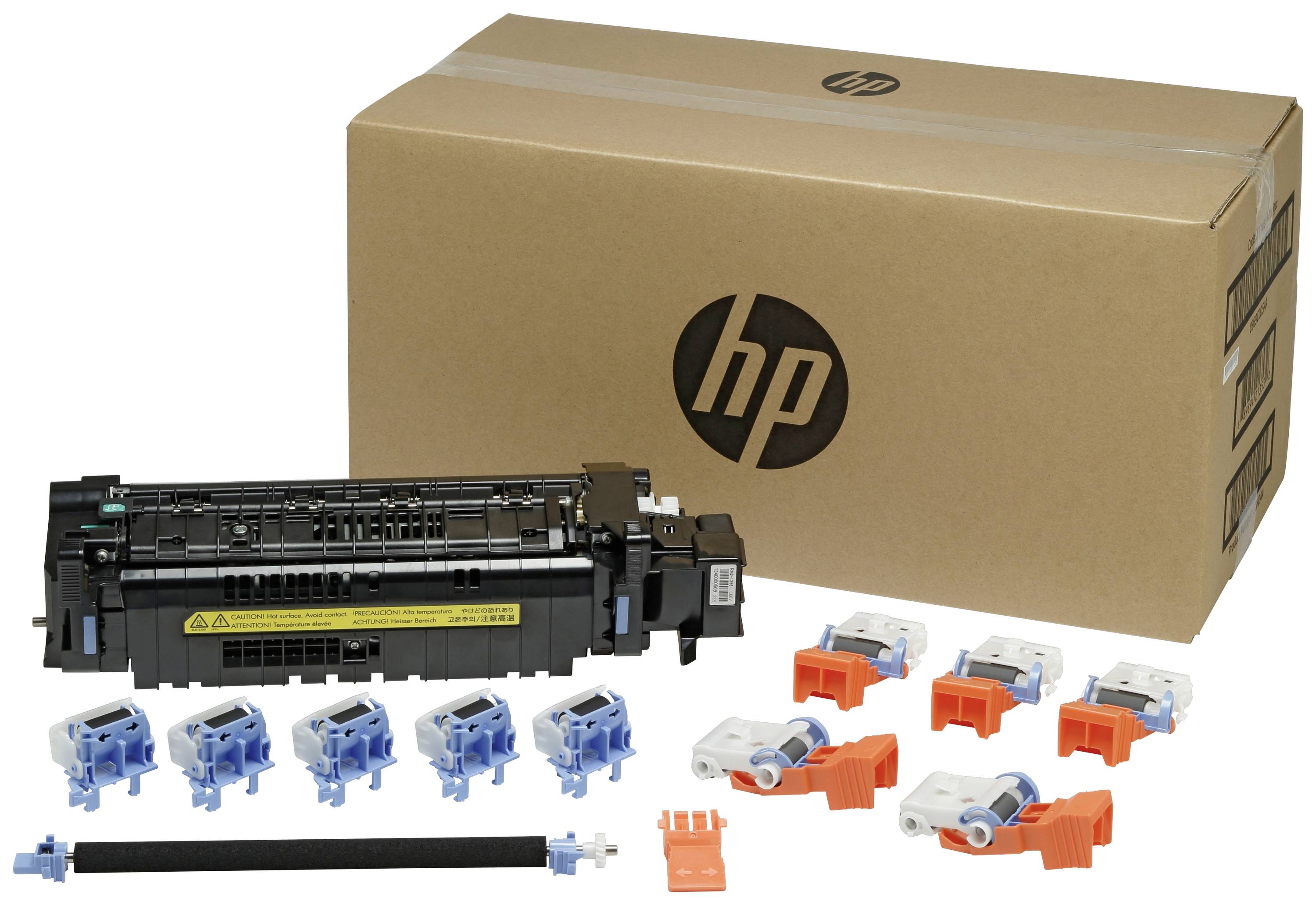 Kit de maintenance pour imprimante HP comprenant une cartouche de toner, plusieurs pièces d'imprimante et un boîtier brun avec le logo HP.