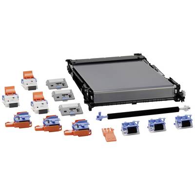 'Kit pour appareil électronique avec plusieurs pièces en plastique en orange, bleu et gris, ainsi qu'un rouleau noir et un module rectangulaire.'