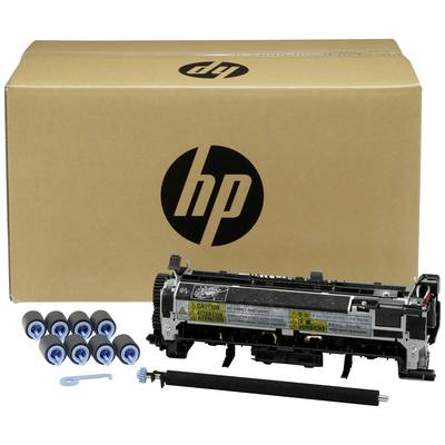 Carton d'emballage avec logo HP contenant des accessoires d'imprimante : unité de fixation, rouleaux et outils. Pour l'entretien de l'imprimante et le remplacement de pièces.