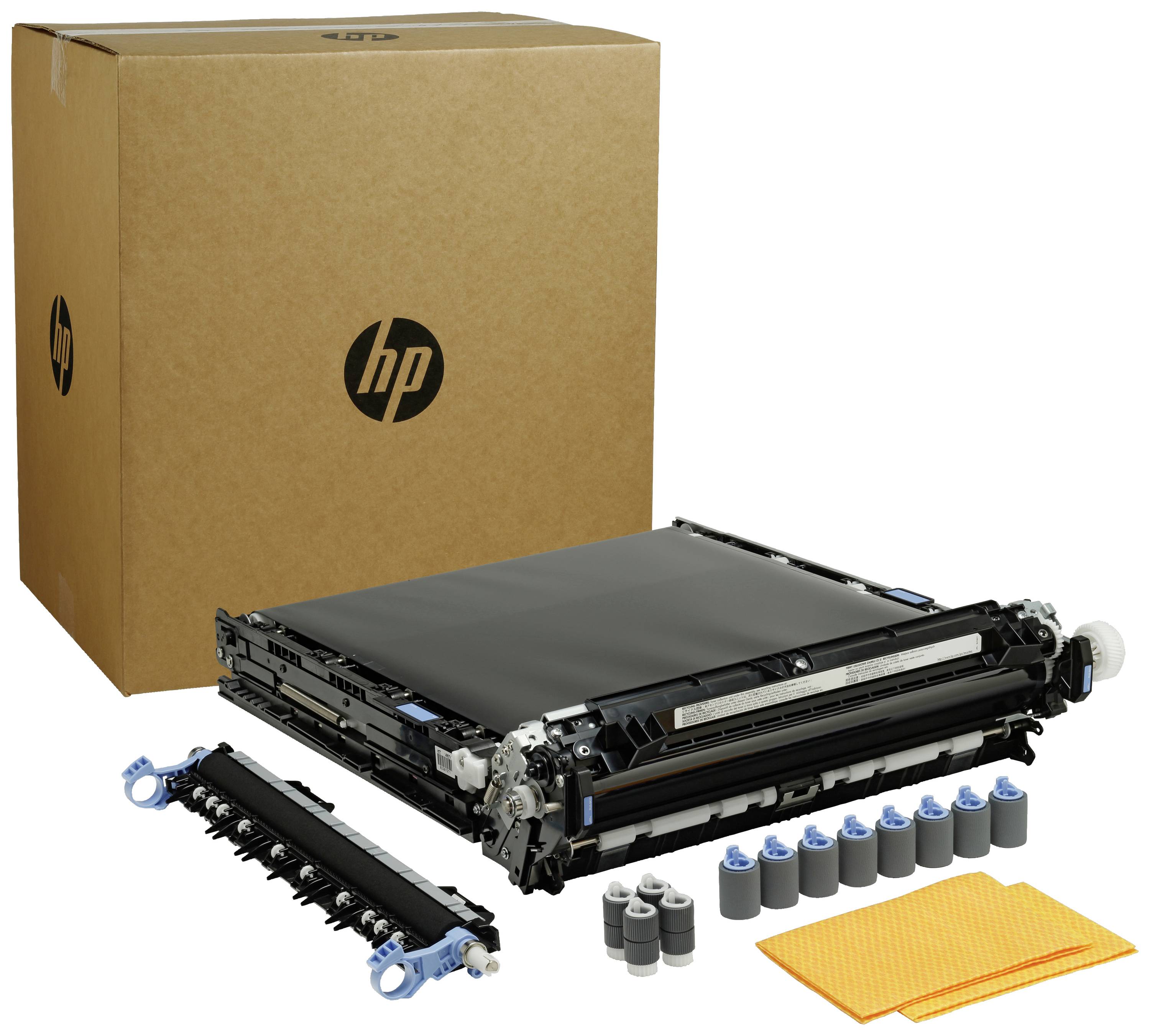 Kit de maintenance pour imprimante avec carton, tambour, rouleaux, unité de transfert et chiffons. Contient des pièces de rechange pour l'entretien des imprimantes HP.