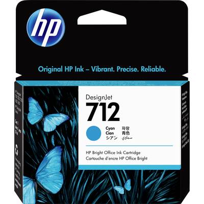 Cartouche d'encre HP DesignJet 712 en Cyan. Emballage avec une image de papillons bleus. Grand logo HP en haut à gauche.