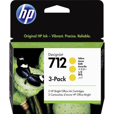 Cartouche d'encre HP DesignJet 712, pack de 3, Jaune. L'emballage représente un papillon sur des feuilles vertes.