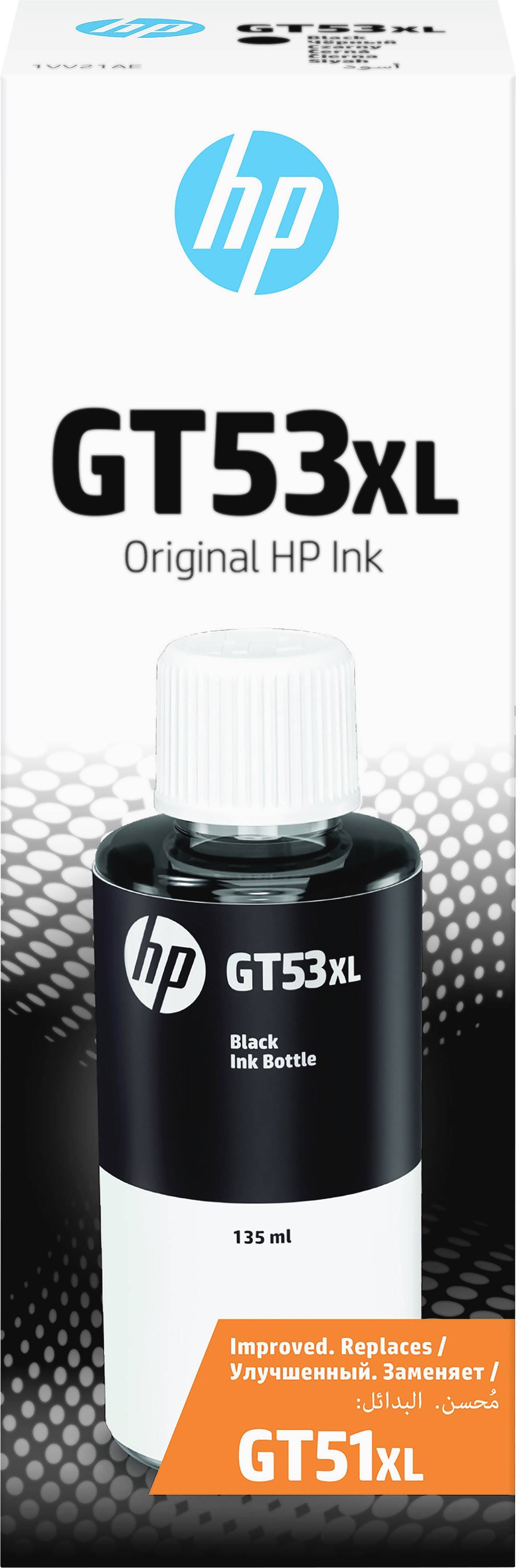 'Bouteille d'encre originale HP GT53XL, encre noire, 135 ml, remplace GT51XL. Compatible avec les imprimantes HP. Mention orange : "Amélioré."'