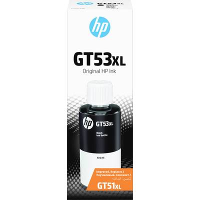 'Bouteille d'encre originale HP GT53XL, encre noire, 135 ml, remplace GT51XL. Compatible avec les imprimantes HP. Mention orange : "Amélioré."'