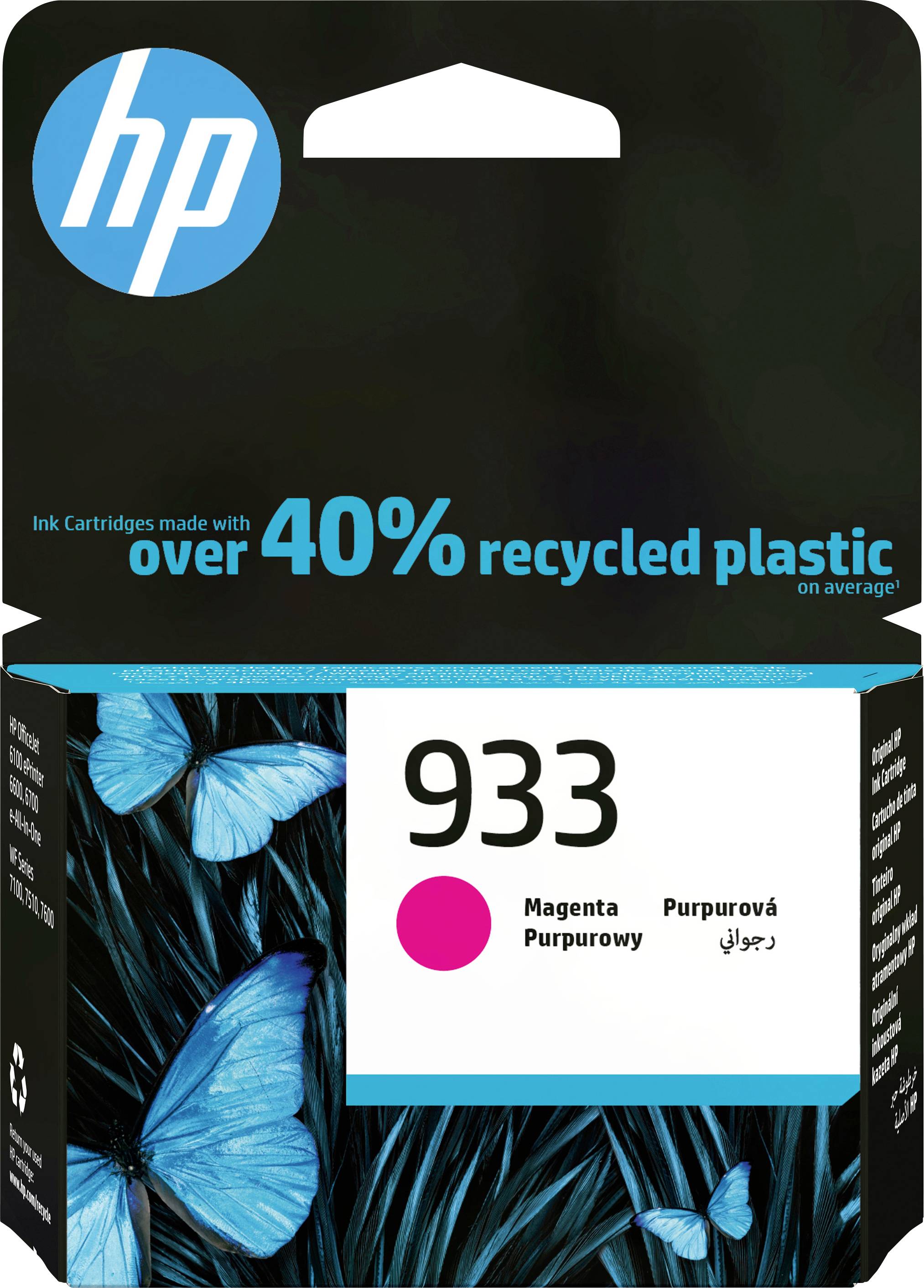Une cartouche d'encre portant l'inscription « plus de 40 % de plastique recyclé ». La couleur est magenta. Arrière-plan avec des papillons bleus.