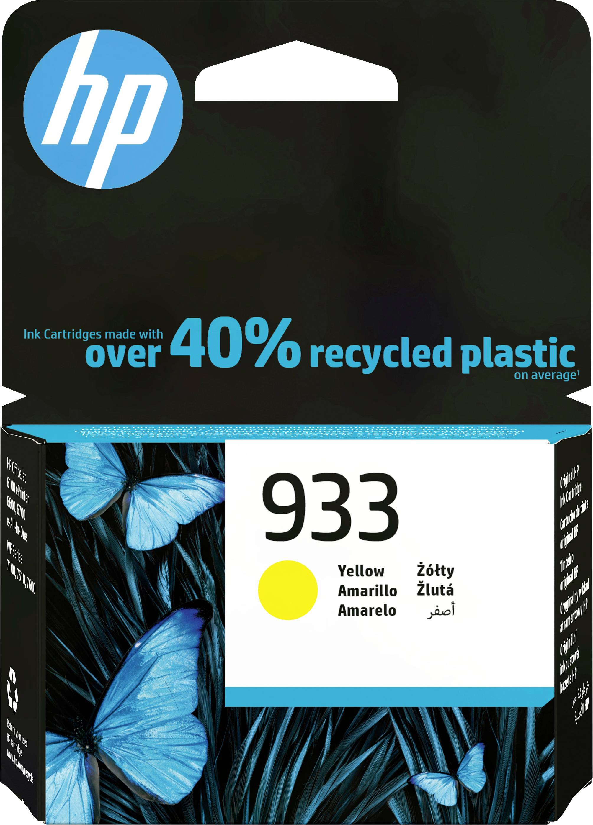 Cartouche d'encre HP, modèle 933 en jaune. Emballage fabriqué à partir de plus de 40% de plastique recyclé. Arrière-plan présentant des papillons bleus.