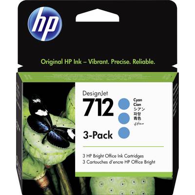 'Cartouches d'encre HP DesignJet 712 pack de 3, Cyan. Image d'un papillon bleu sur des feuilles vertes. Encre HP originale.'