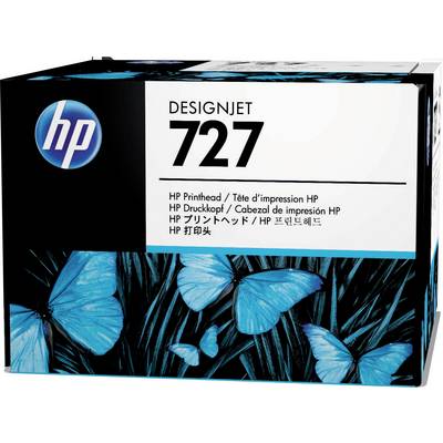 Emballage d'une tête d'impression HP Designjet 727 avec un motif de papillon bleu et noir et le logo HP dans le coin supérieur gauche.
