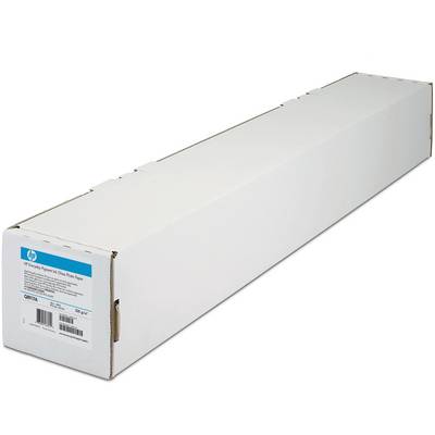 Une longue boîte d'emballage blanche avec une étiquette décrivant un produit HP. L'étiquette contient des détails techniques et un numéro de série.