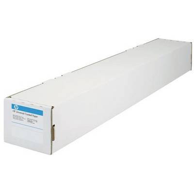 Boîte en carton blanc portant l'inscription « HP Universal Coated Paper », contenant un rouleau de papier pour imprimante.