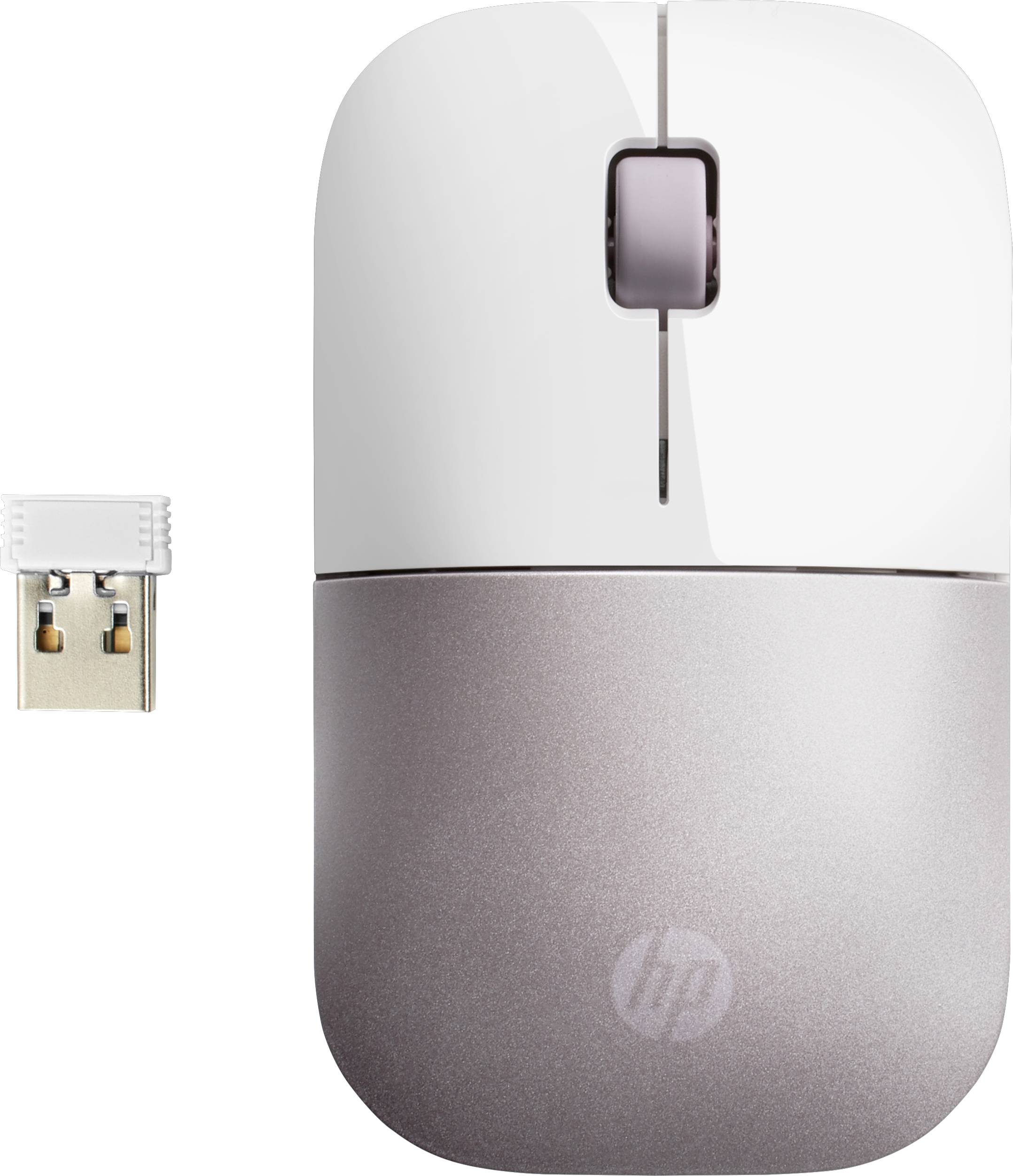 Souris d'ordinateur sans fil HP en blanc et gris avec dongle USB, adaptée pour une utilisation mobile.