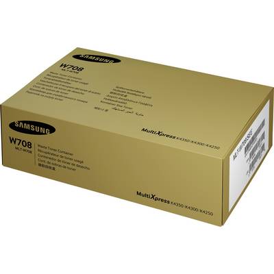 Emballage jaune d'un réservoir de toner Samsung W708. Contient des descriptions dans plusieurs langues et est compatible avec différents modèles d'imprimantes.