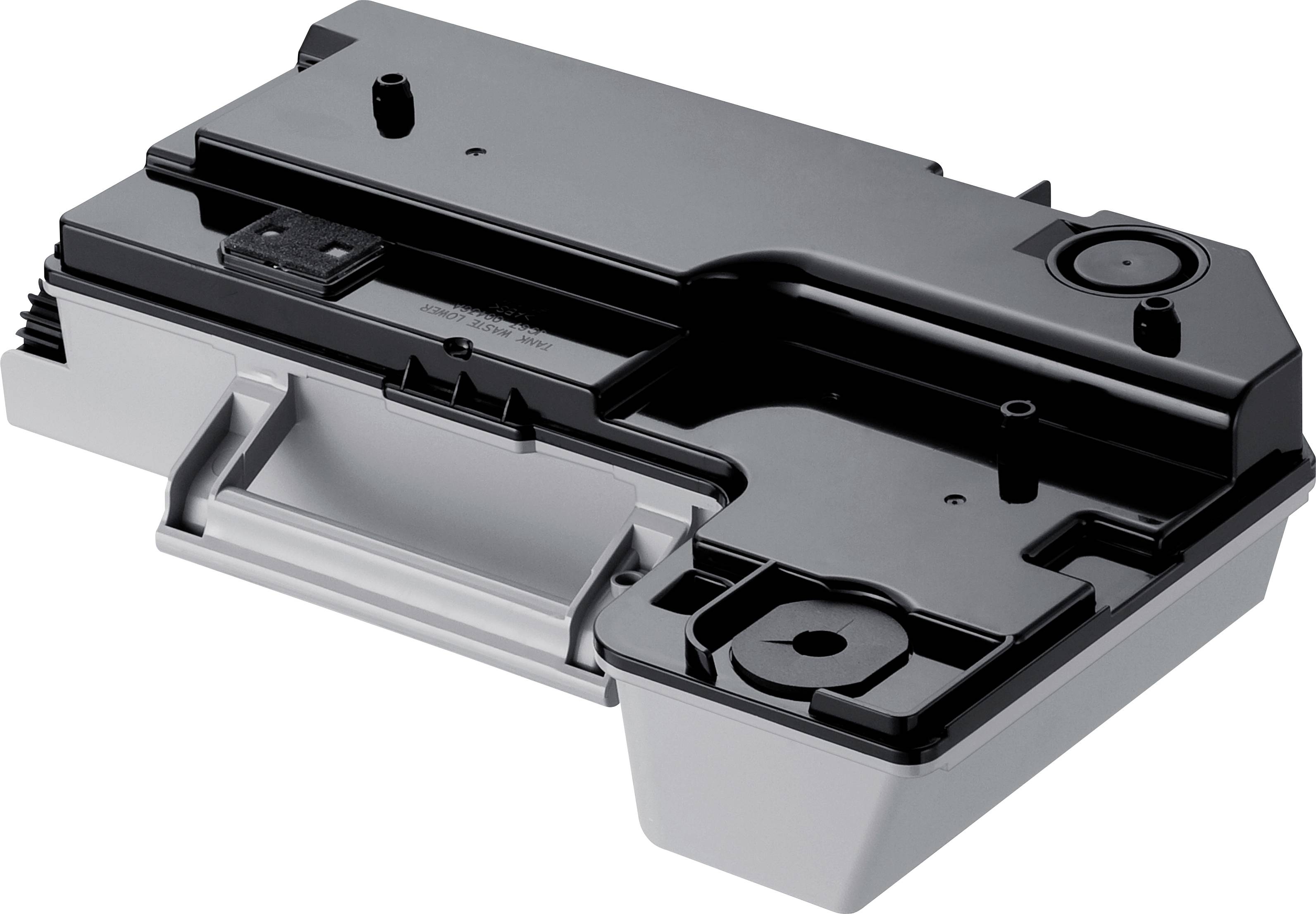 Une cartouche de toner noire pour imprimante, rectangulaire avec une poignée sur le côté, sur un fond blanc.