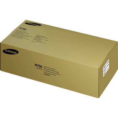 Un carton doré de Samsung, modèle W706, portant l'inscription « Waste Toner Container » en plusieurs langues.