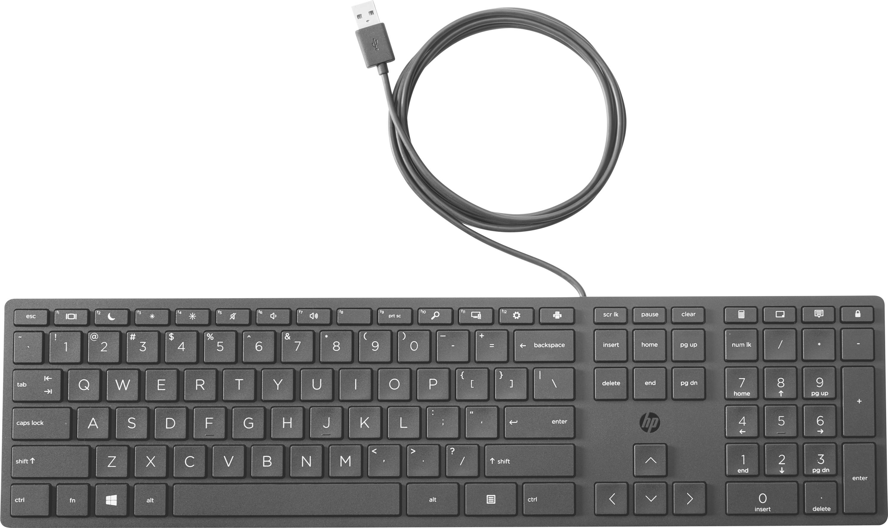 Un clavier USB noir avec disposition QWERTZ. Le câble est enroulé, les touches comprenant des chiffres, des lettres et des touches de fonction.