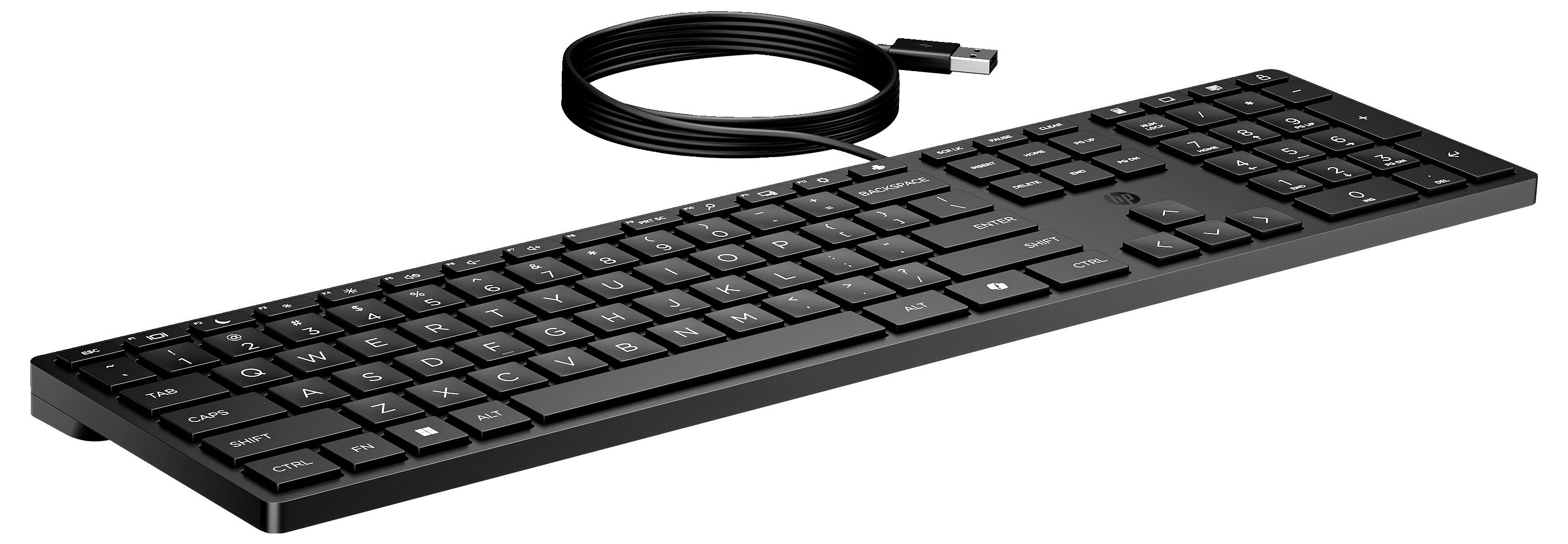Clavier d'ordinateur noir au design élégant avec câble, disposition des touches QWERTZ allemande.