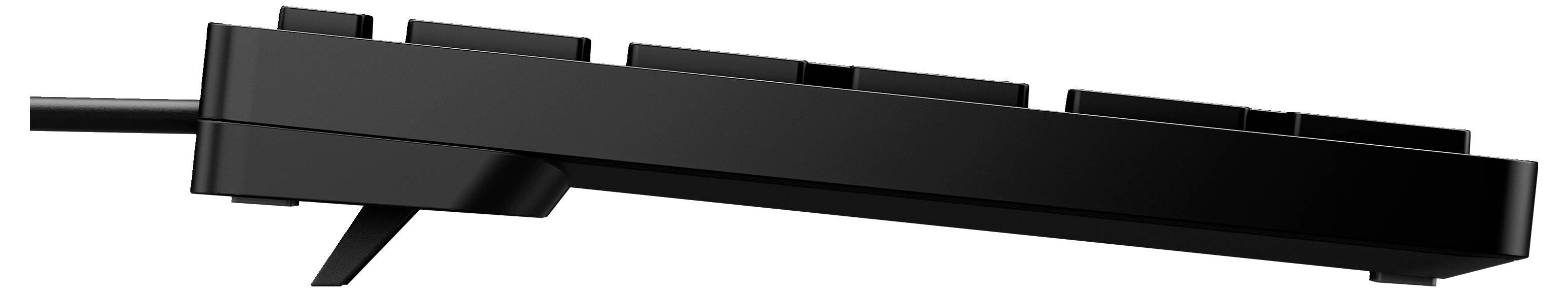 Vue latérale d'un clavier d'ordinateur noir avec support incliné, montrant son profil et les touches.
