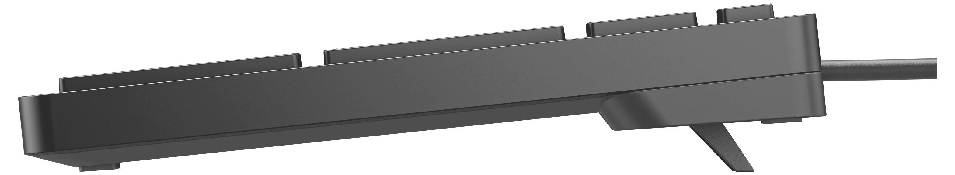 Vue latérale d'un clavier mécanique avec des touches surélevées et des pieds rabattables permettant d'ajuster l'inclinaison.