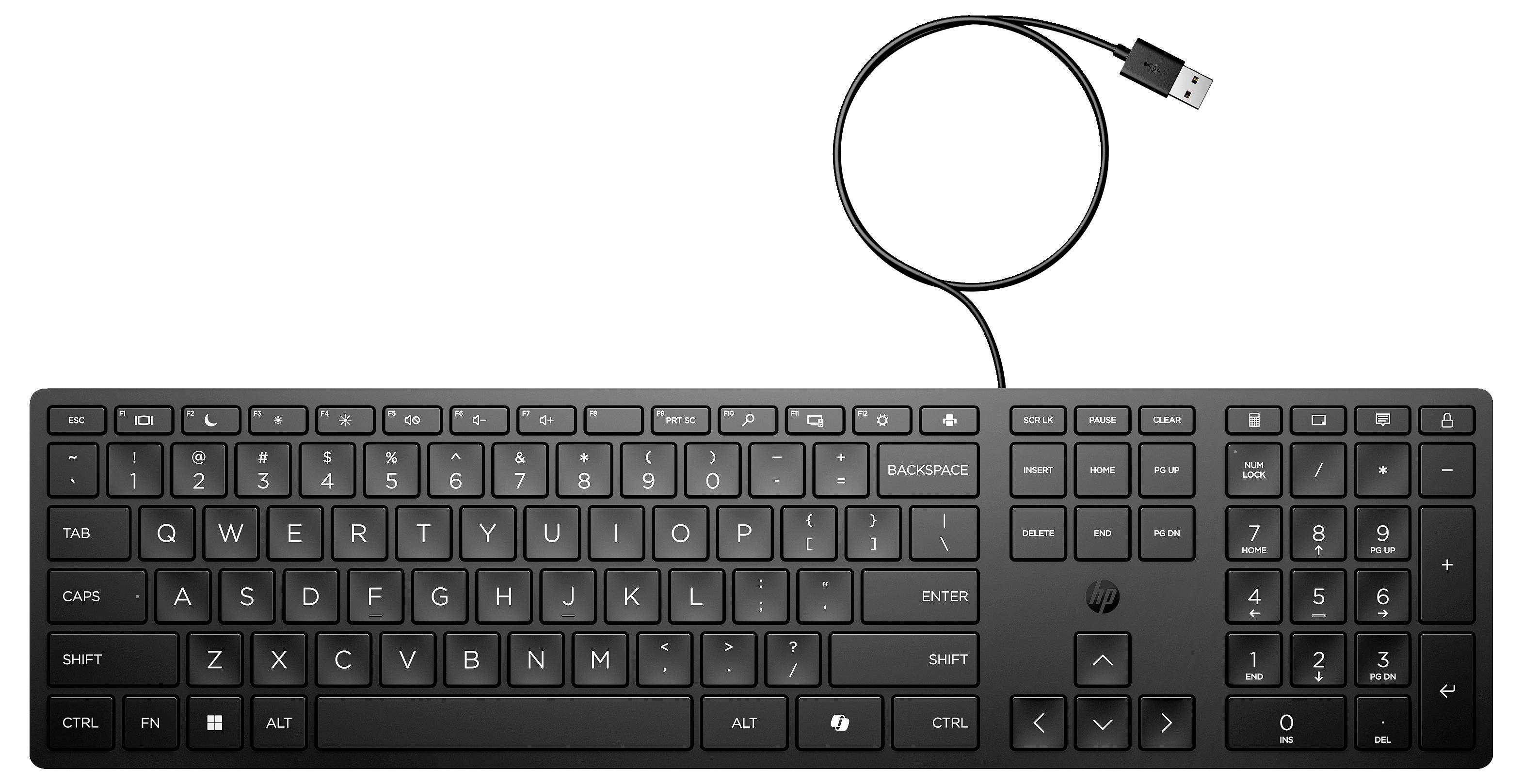 Clavier d'ordinateur noir avec connexion USB. Disposition standard avec touches de fonction, pavé numérique et touches fléchées.