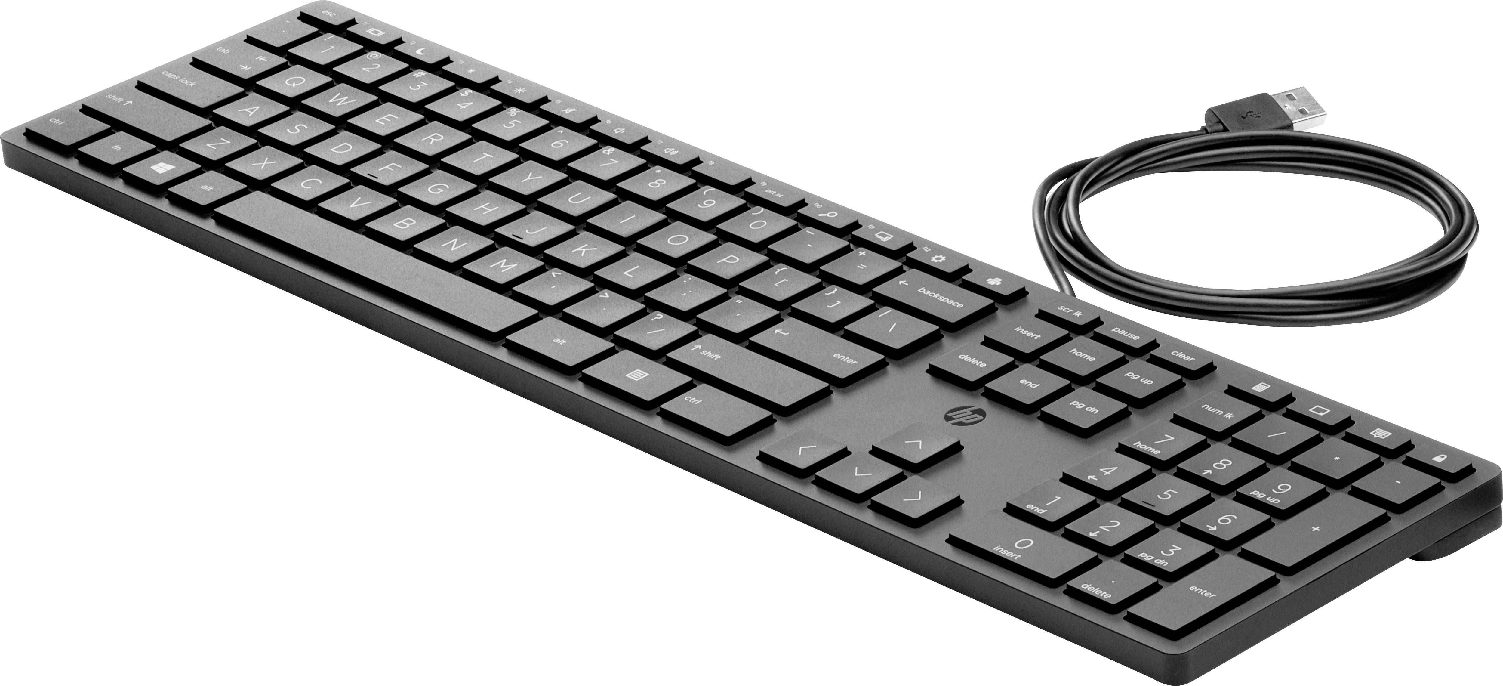 Clavier d'ordinateur noir avec pavé numérique complet et câble USB sur le côté. Idéal pour les applications de bureau et domestiques.