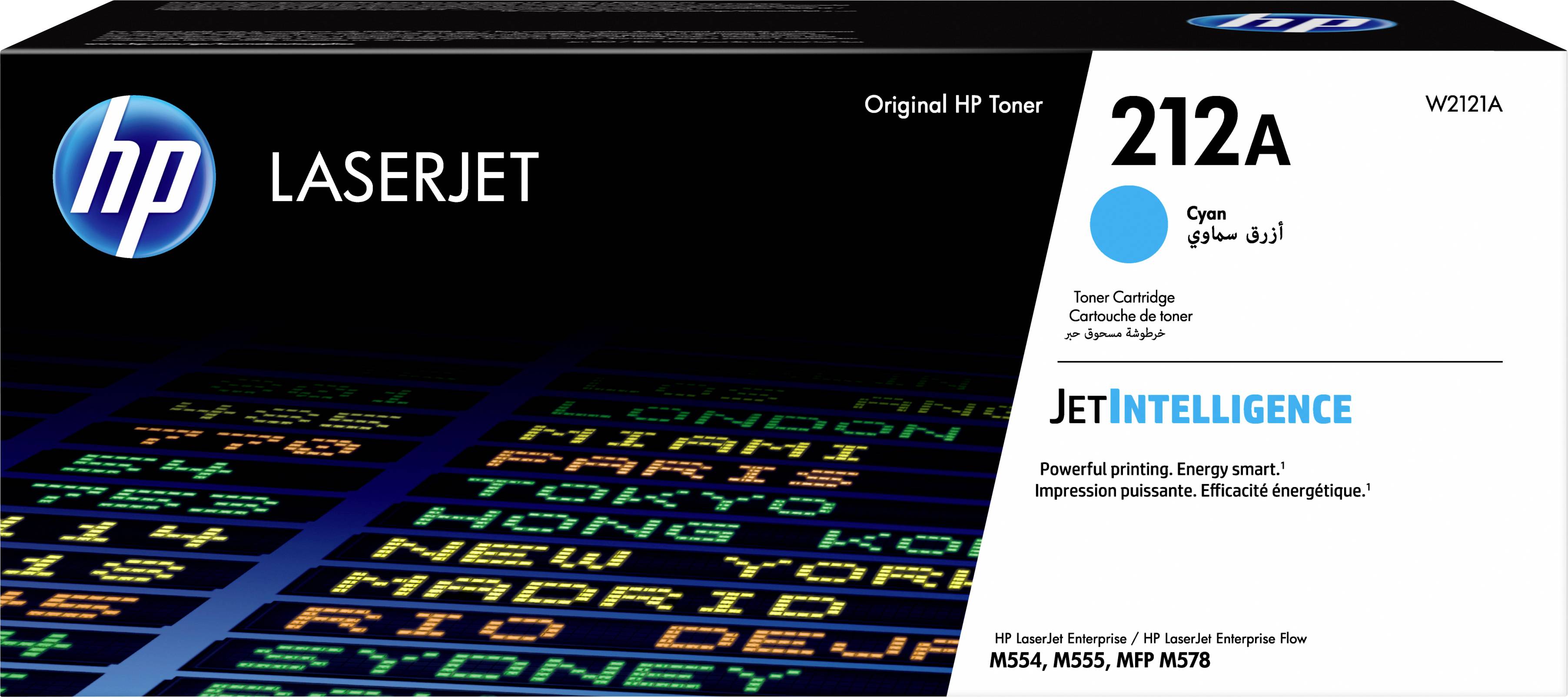 Cartouche de toner HP LaserJet 212A en cyan pour MS554, M555, MFP M578. Texte sur JetIntelligence pour une impression économe en énergie.