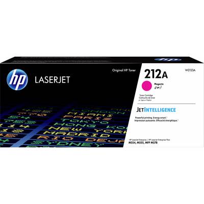 Un emballage de toner HP LaserJet 212A en magenta. Contient JetIntelligence pour une impression économe en énergie. Modèles : M554, M555, MFP M578.