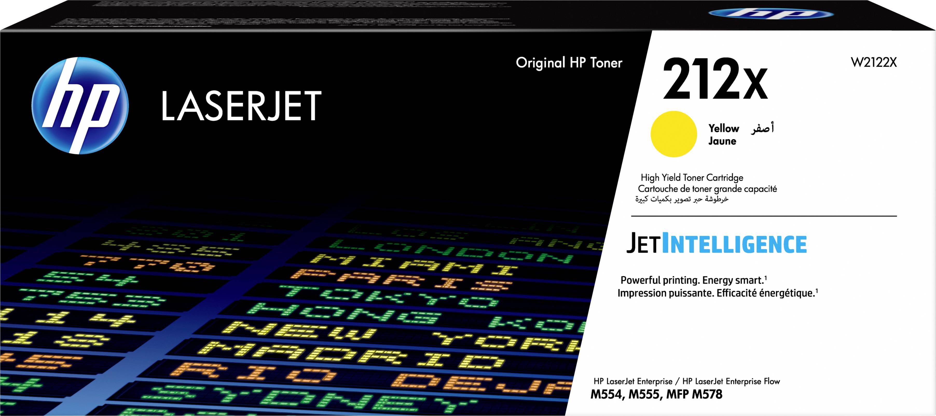 Toner HP LaserJet 212X, jaune, haute capacité pour modèles M554, M555, MFP M578. Emballage avec mention 'JetIntelligence'.