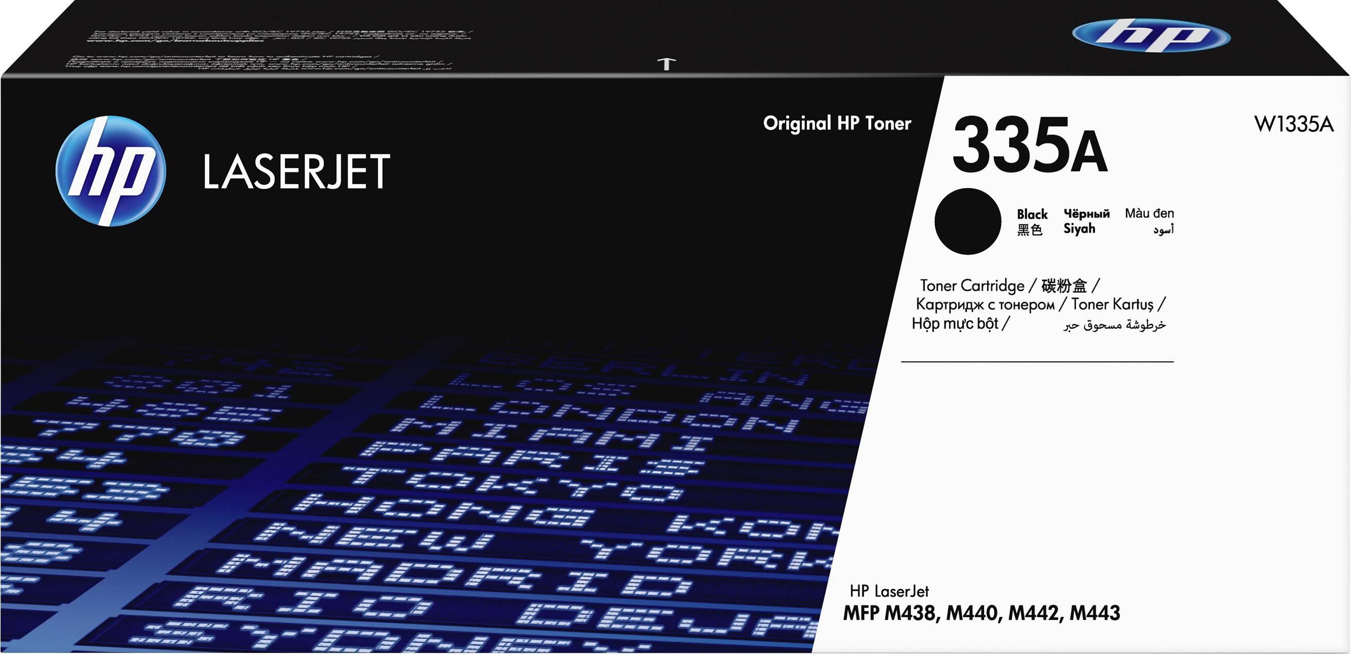 Une cartouche de toner noir HP LaserJet avec le numéro de modèle '335A'. Compatible avec les modèles d'imprimante M438, M440, M442, M443.
