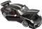 Une voiture miniature noire avec les portes, le capot et le coffre ouverts. Sur le spoiler est inscrit 'Porsche'. Design sportif.