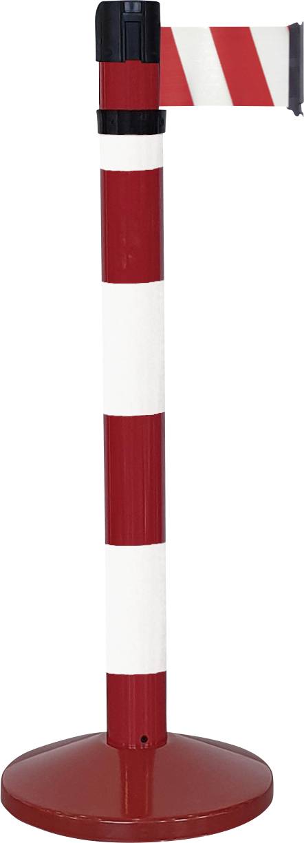 Poteau de signalisation rayé rouge et blanc avec une bande extensible, typique des contrôles d'accès ou des délimitations.