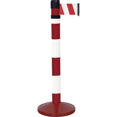 Poteau de signalisation rayé rouge et blanc avec une bande extensible, typique des contrôles d'accès ou des délimitations.
