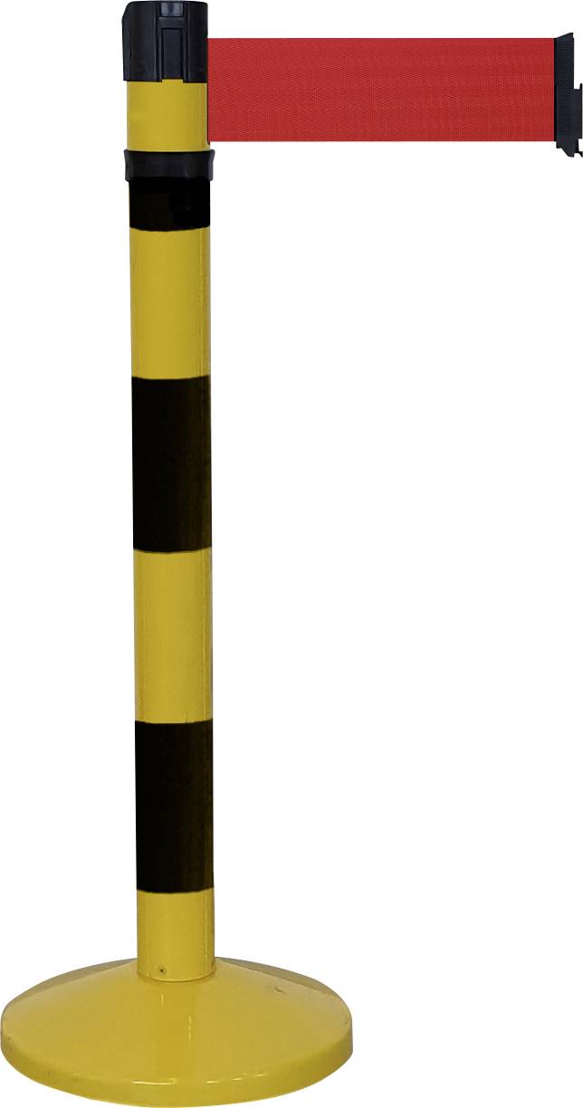 Poteau de signalisation jaune avec des bandes noires et un ruban rouge rétractable pour le contrôle d'accès.
