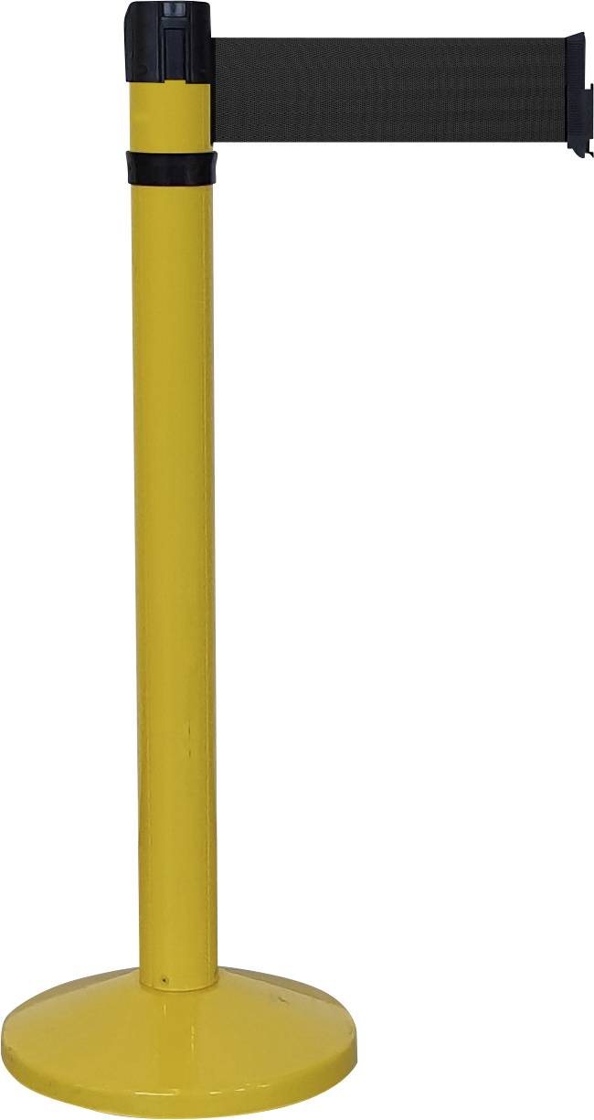 Ruban de barrière jaune avec poteau jaune et bande extensible noire, adapté pour guider les foules ou délimiter des espaces.