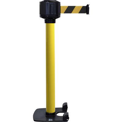 Poteau de signalisation jaune avec bande noir et jaune, coulissante en haut, utilisé pour délimiter et guider les passages à l'intérieur.