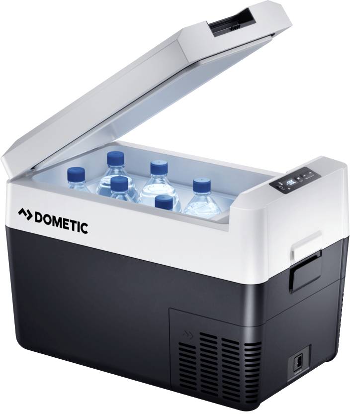 Glacière avec couvercle ouvert montrant six bouteilles d'eau à l'intérieur. Panneau de commande numérique sur le côté.