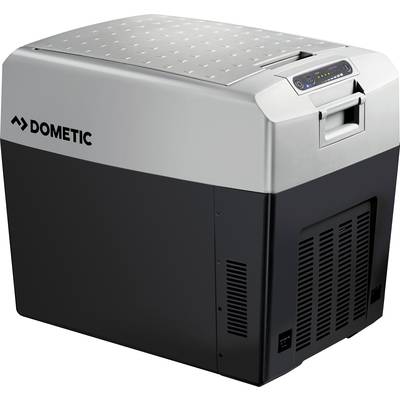 Glacière mobile compacte avec couvercle argenté et commande numérique. Idéale pour le camping et les voyages, garde les boissons fraîches.