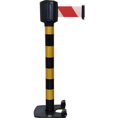 Bornes amovibles à rayures jaunes et noires avec ruban extensible rouge et blanc pour le contrôle d'accès à l'intérieur des locaux.