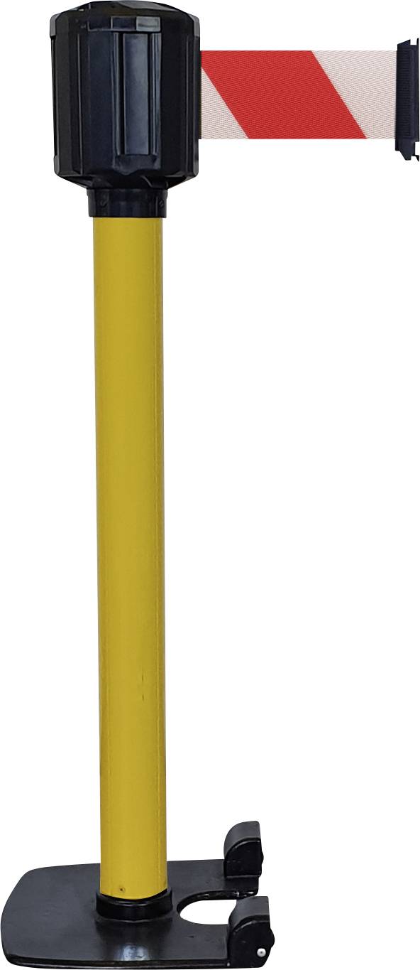 Un poteau de signalisation jaune équipé d'un ruban de balisage rétractable noir, blanc et rouge.