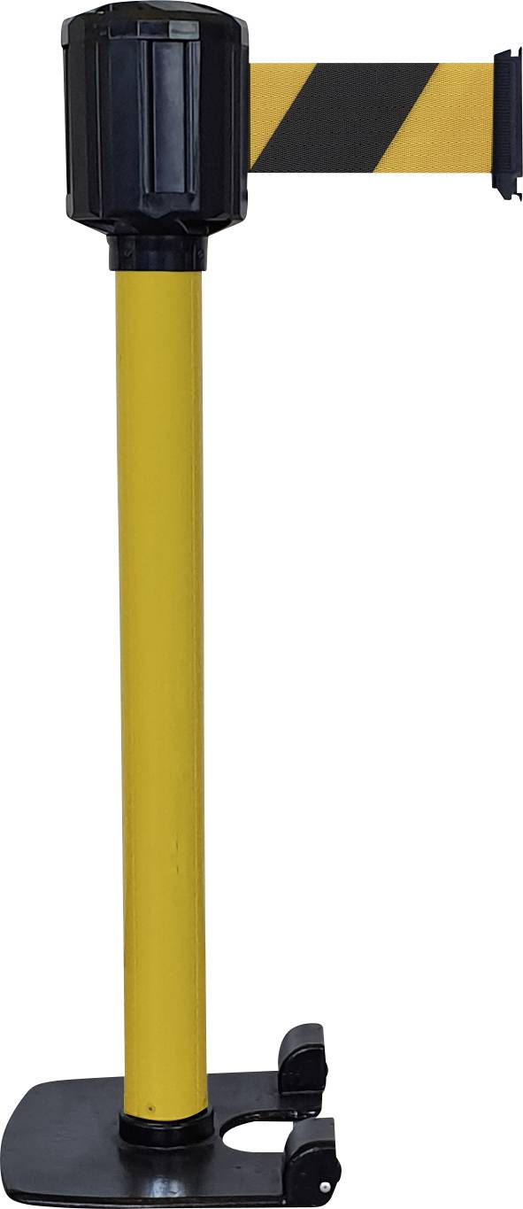 Poteau de signalisation jaune avec ruban noir et jaune pour le contrôle d'accès dans une zone.