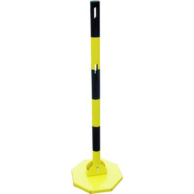 Un poteau de signalisation rayé jaune et noir avec une base ronde jaune, utilisé pour délimiter ou marquer des zones.