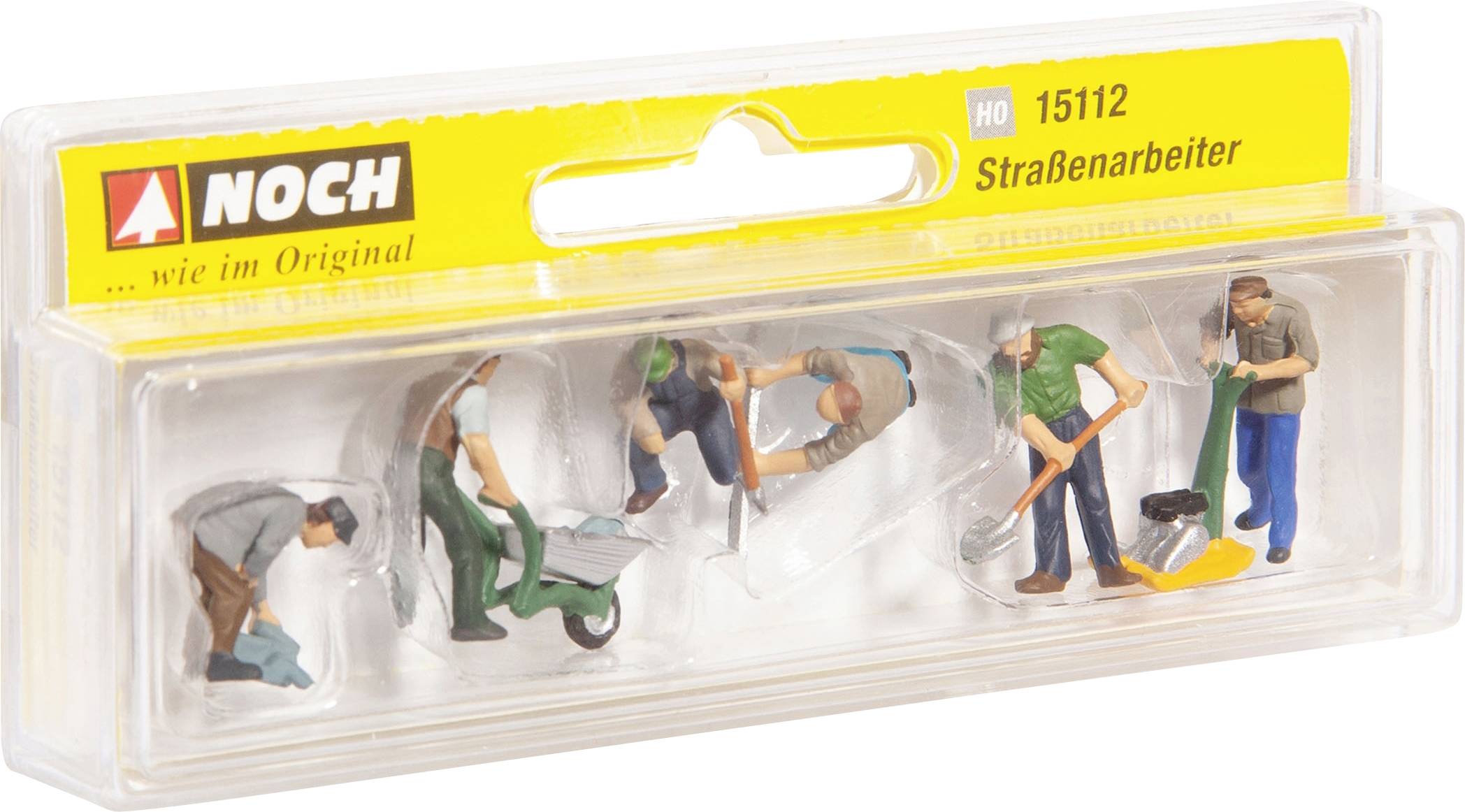 Ensemble de figurines miniatures représentant cinq ouvriers de voirie dans différentes poses, conditionné dans un emballage en plastique transparent.