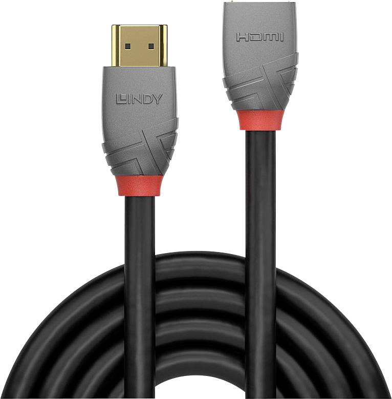 Un câble HDMI noir avec des connecteurs gris et des accents rouges, adapté pour transmettre des signaux vidéo et audio numériques.