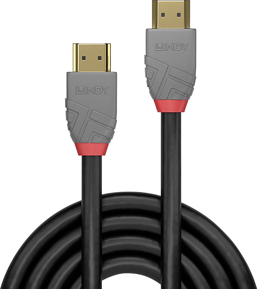 Deux câbles HDMI gris avec des accents rouges et des connecteurs dorés, de la marque 'LINDY', sur un fond blanc.