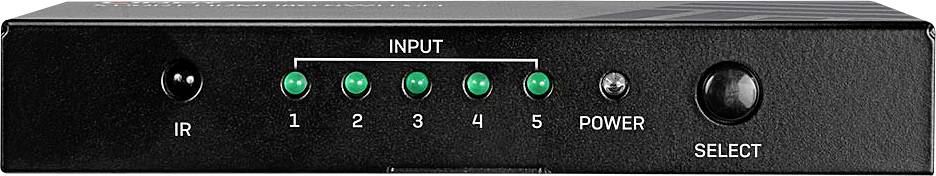 Face avant d'un appareil avec cinq touches d'entrée (1-5), chacune munie d'une LED verte, ainsi qu'un capteur infrarouge et une touche marche/arrêt avec indicateur LED.