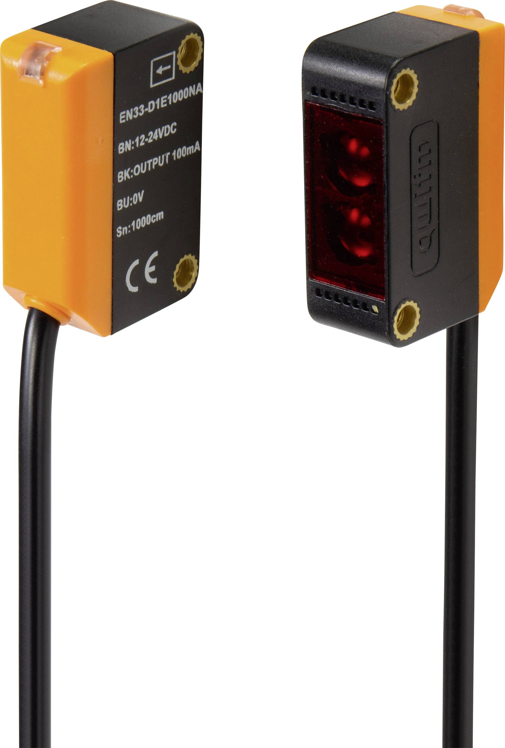 Paire de capteurs avec câble, orange et noir. Le capteur de gauche porte une inscription avec des spécifications techniques. Le capteur de droite présente une lentille rouge.