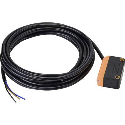 Un capteur de commutateur de proximité avec un long câble noir. Le capteur a un boîtier rectangulaire de couleur orange.